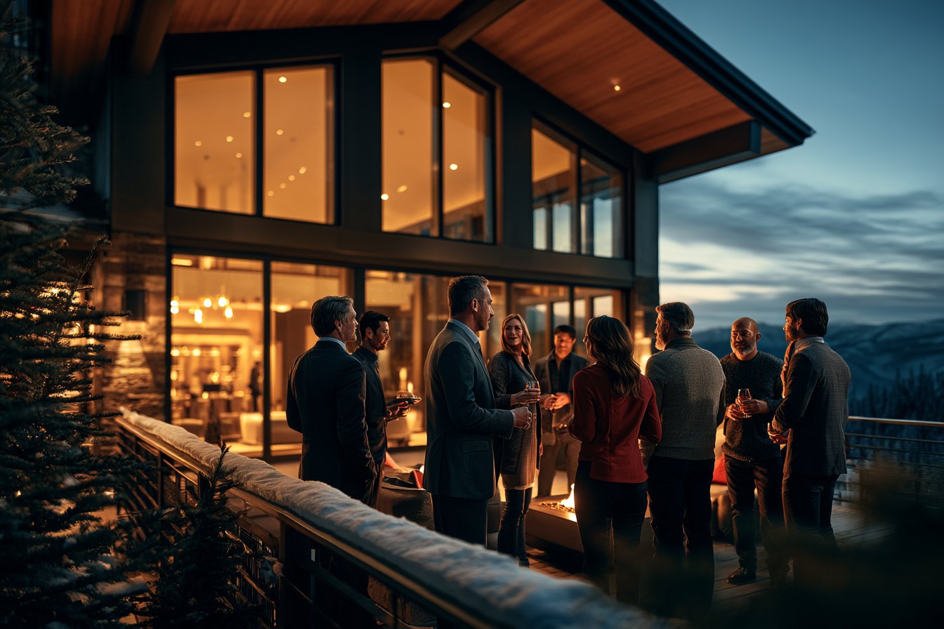 A group of business leaders in winter coats talking on the deck of a modern mountain cabin at dusk, warm light glowing from the windows behind them, snowy peaks in the distance.