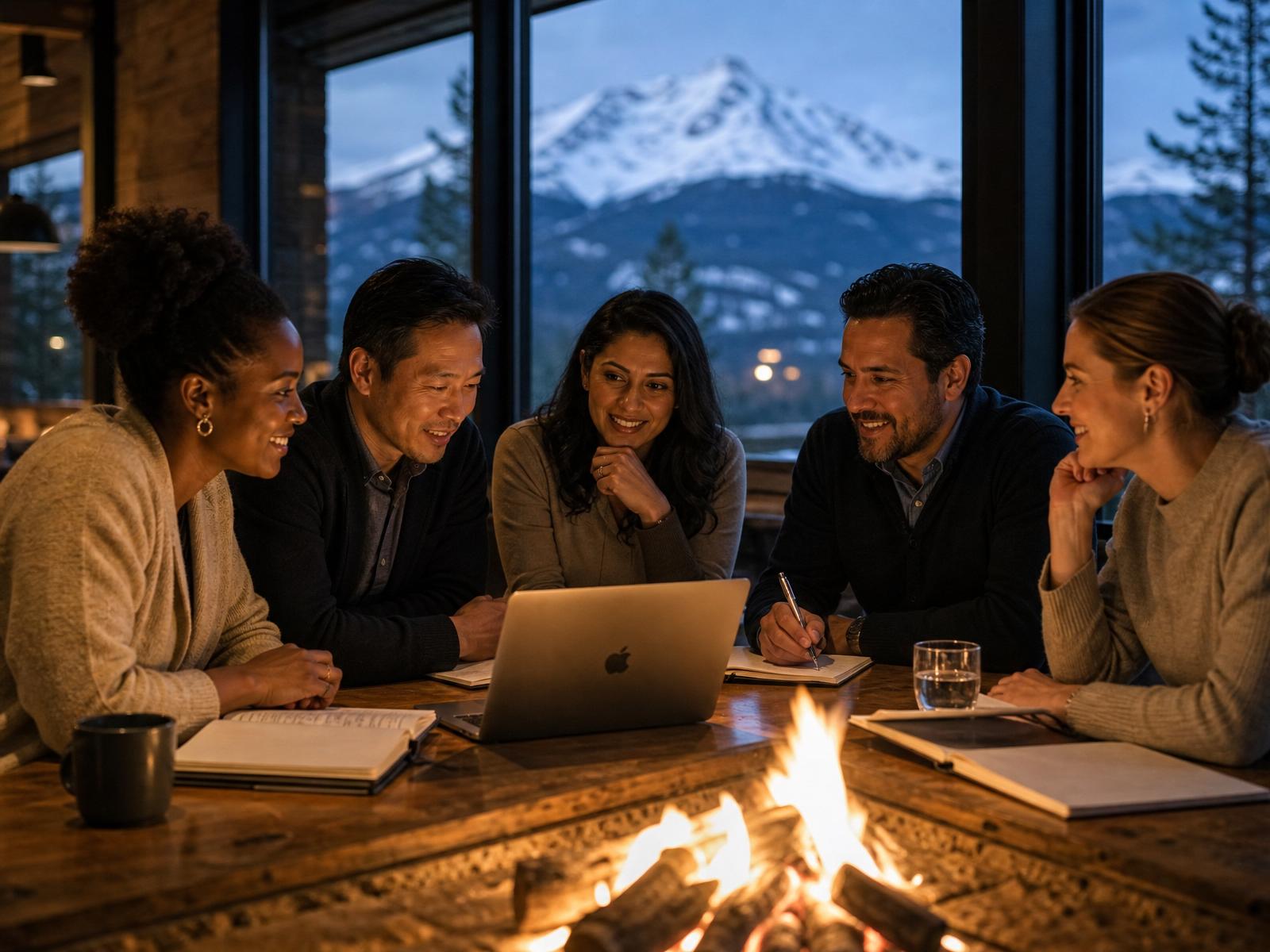 Leaders comparing notes around a fire-lit table at dusk
